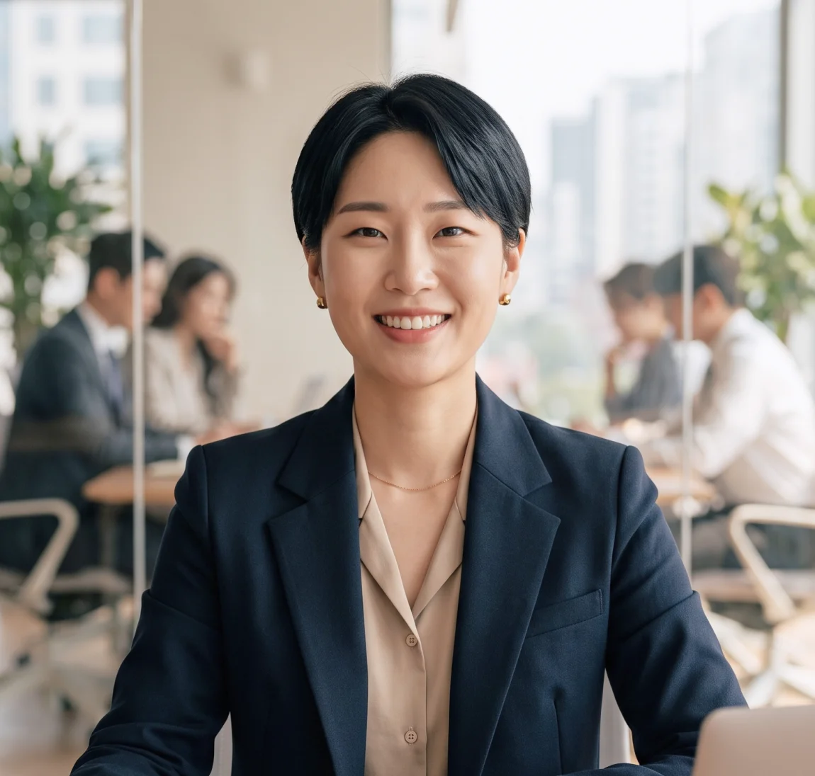 사무실에서 미소 짓고 있는 사람